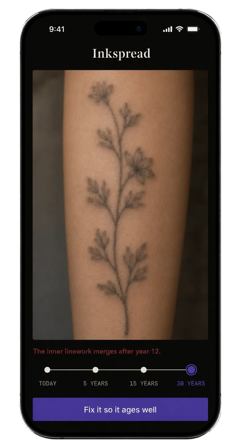 Inkspread showing the same tattoo aged thirty years