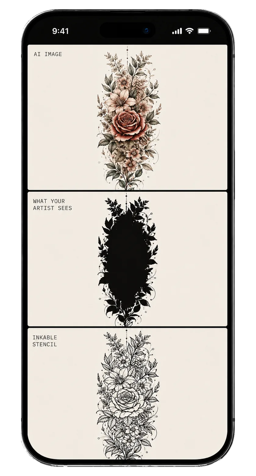 The AI image, the unusable stencil an artist receives, and the clean Inkable stencil