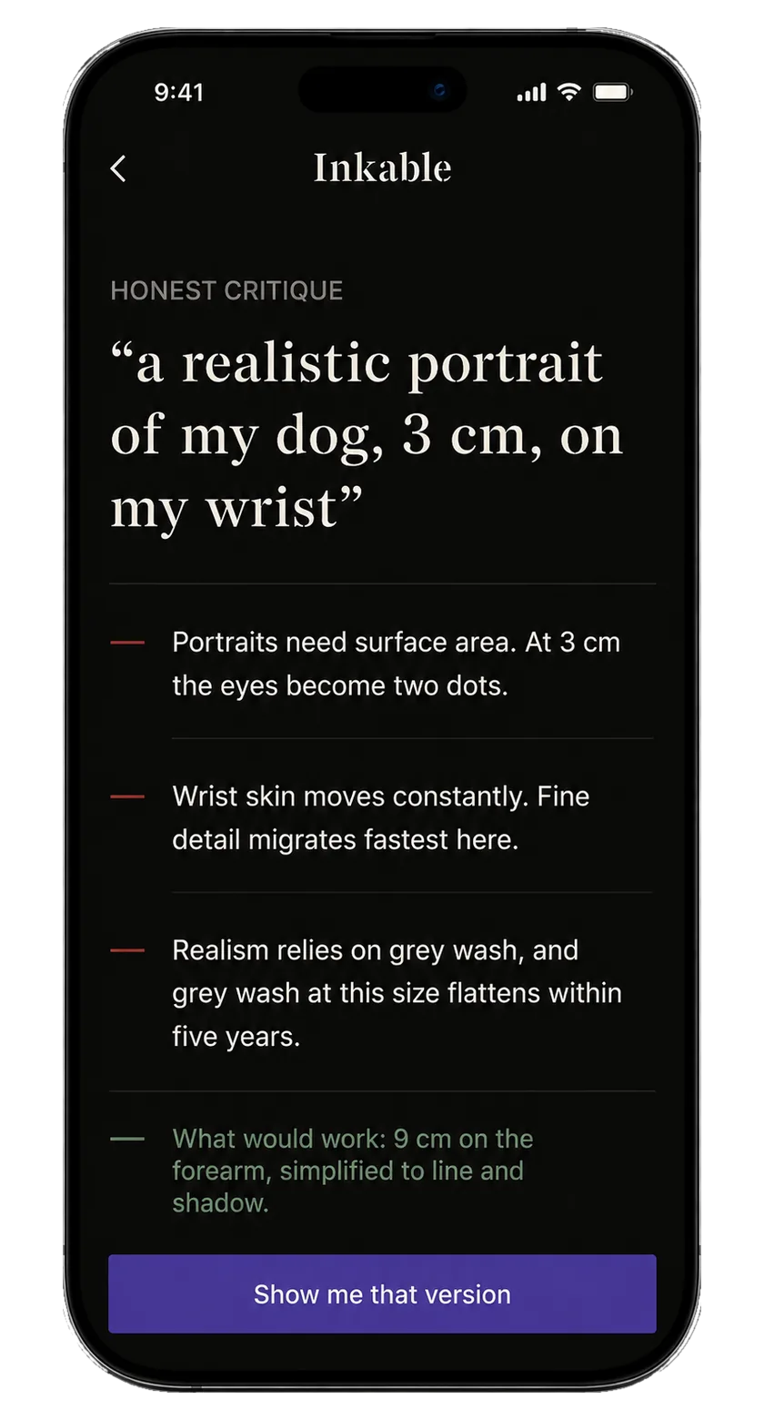 Inkable explaining why a small wrist portrait will not work
